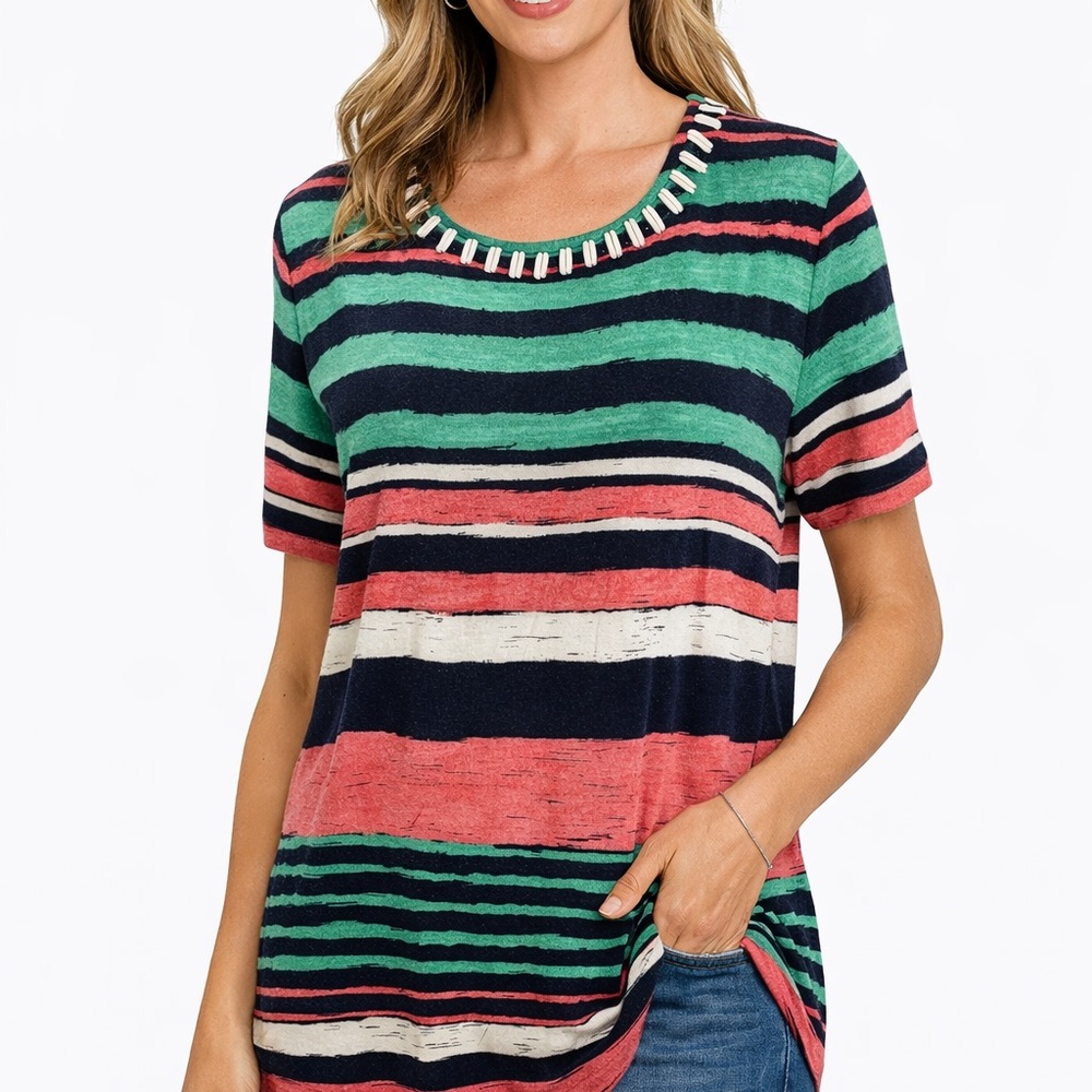 Ruby Red Women's Top Large Striped Short Sleeve beaded Neckline Stretchy